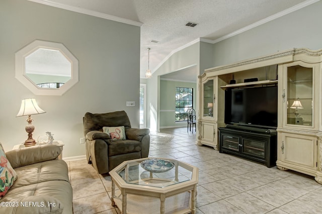 living room featuring visible vents, lofted ceiling, a textured ceiling, crown molding, and light tile patterned flooring