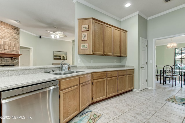 kitchen featuring ceiling fan with notable chandelier, a sink, light countertops, stainless steel dishwasher, and crown molding