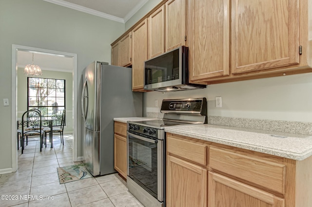 kitchen with light tile patterned floors, appliances with stainless steel finishes, light countertops, crown molding, and light brown cabinets