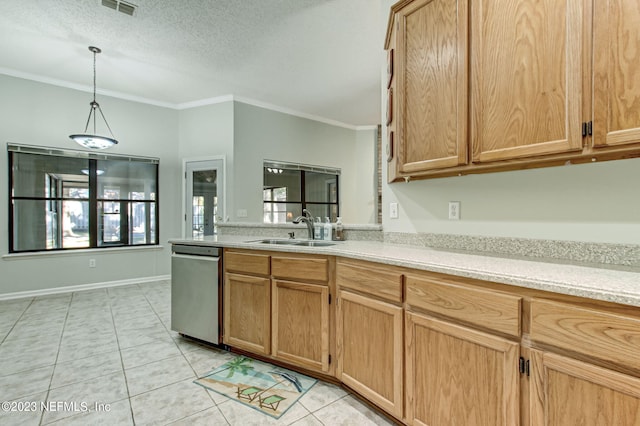 kitchen with light tile patterned floors, light countertops, crown molding, stainless steel dishwasher, and a sink