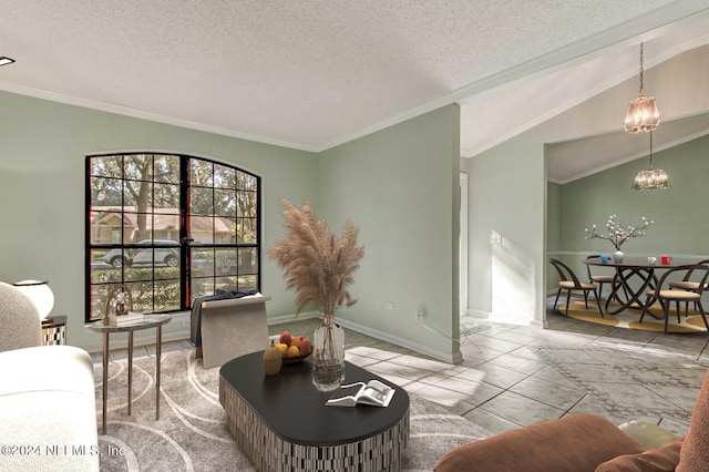 living area featuring baseboards, ornamental molding, vaulted ceiling, a textured ceiling, and a chandelier