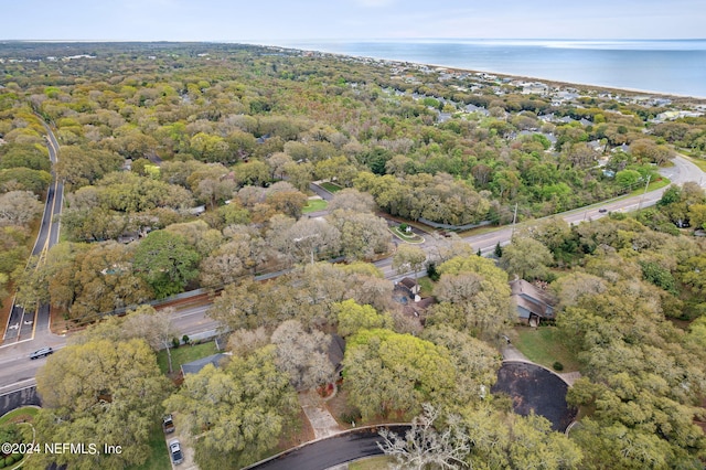 aerial view with a water view and a view of trees