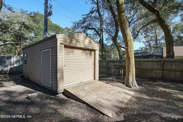 view of shed with a fenced backyard