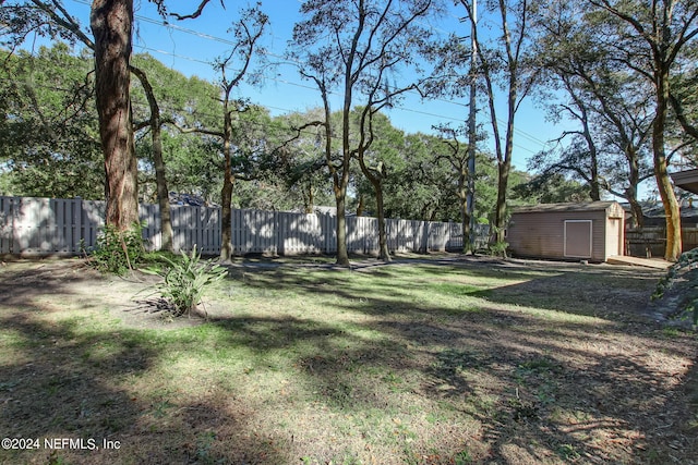 view of yard featuring a storage shed, an outdoor structure, and a fenced backyard