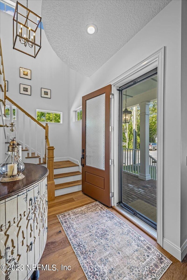 foyer with hardwood / wood-style flooring and a textured ceiling