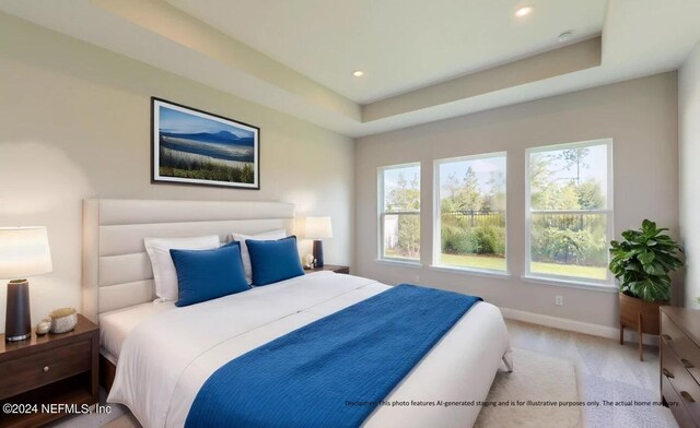 bedroom with baseboards, a raised ceiling, carpet flooring, and recessed lighting