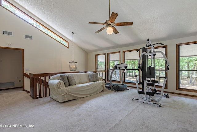 workout area featuring ceiling fan, light carpet, a textured ceiling, and high vaulted ceiling