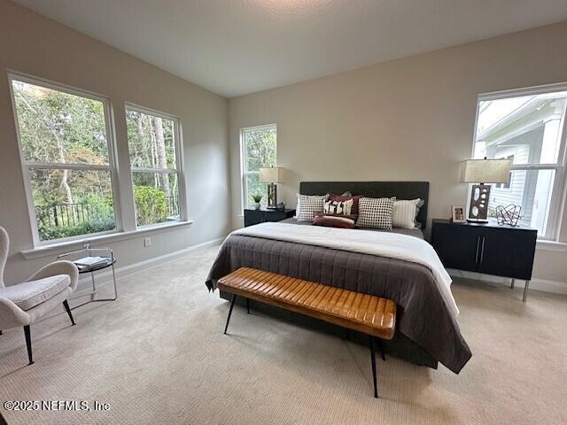 bedroom with baseboards and light carpet