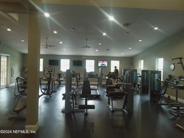 workout area with ceiling fan and plenty of natural light