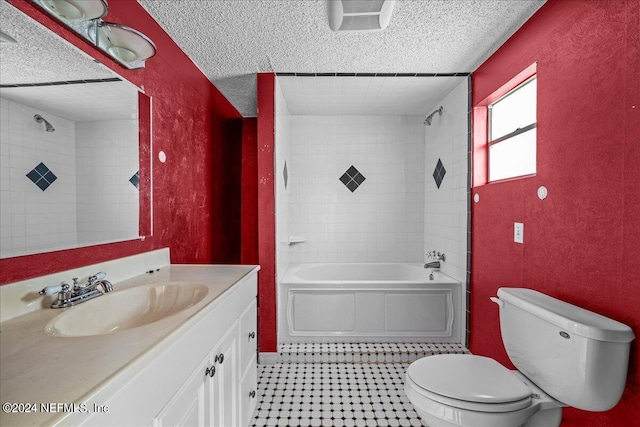 full bath featuring toilet, a textured wall, a textured ceiling, and shower / bathtub combination