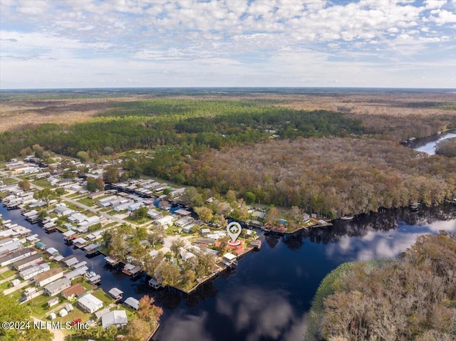 birds eye view of property with a forest view and a water view