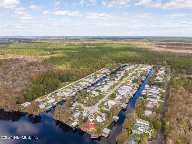 birds eye view of property featuring a water view and a view of trees