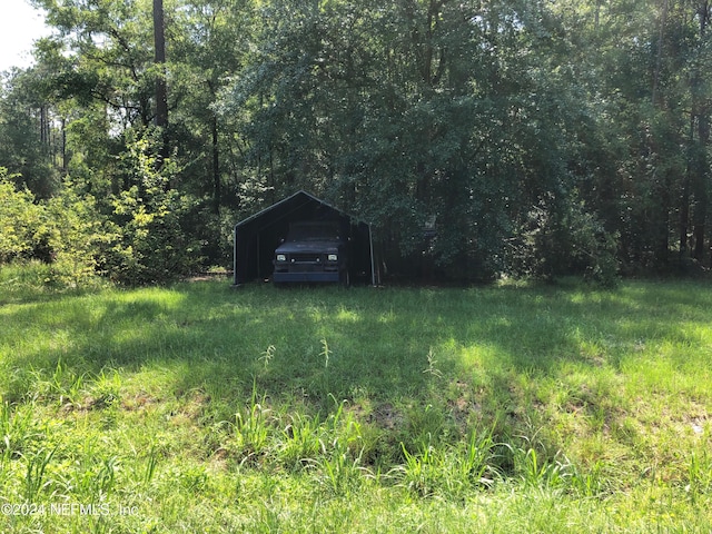 view of yard featuring a detached carport and a view of trees