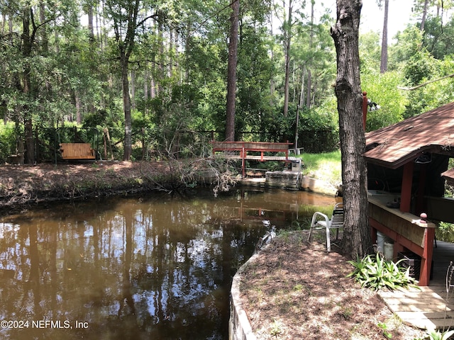 view of water feature featuring a view of trees and a dock