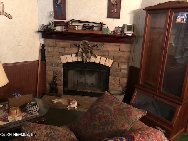 details with wood walls and a fireplace