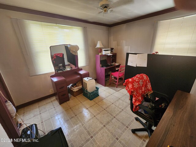 office area with crown molding, light tile flooring, and ceiling fan