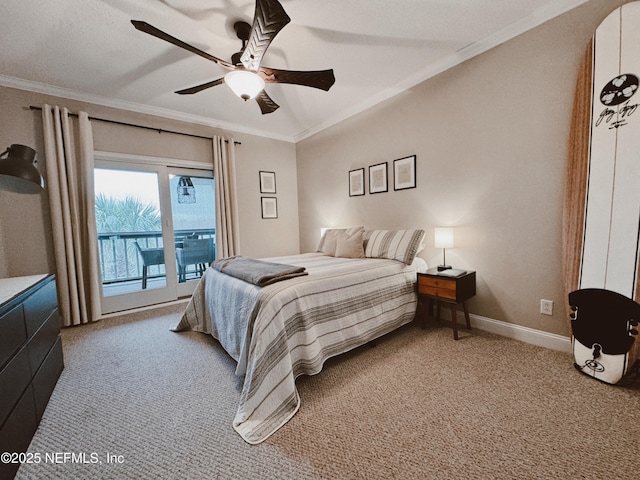 carpeted bedroom with ceiling fan, access to exterior, and crown molding