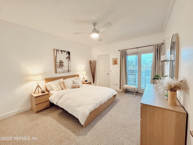 carpeted bedroom featuring ceiling fan and ornamental molding