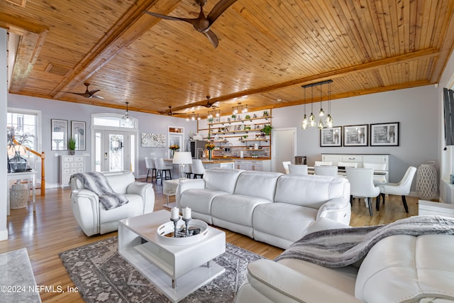 living room featuring wooden ceiling, ceiling fan, and light hardwood / wood-style floors