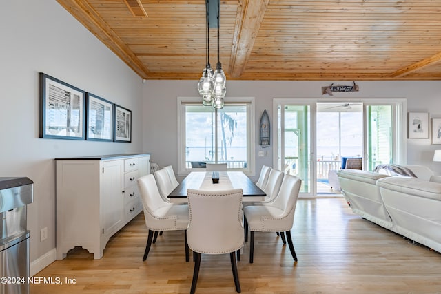 dining area featuring plenty of natural light, wooden ceiling, and light wood-type flooring