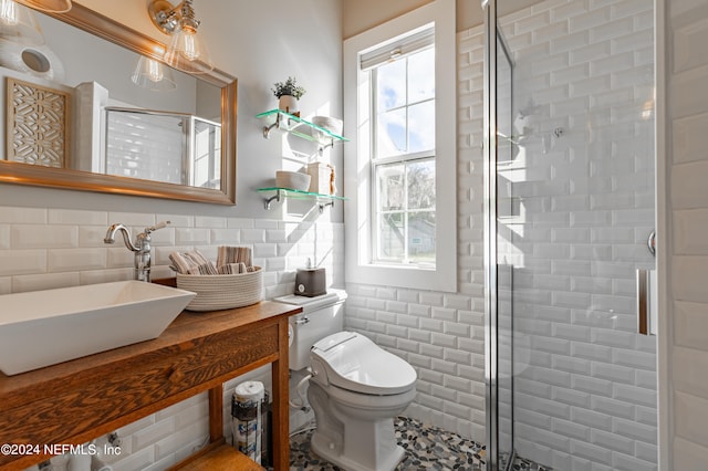 bathroom featuring a healthy amount of sunlight, vanity with extensive cabinet space, toilet, and tile walls