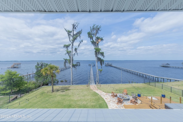 property view of water featuring an outdoor fire pit