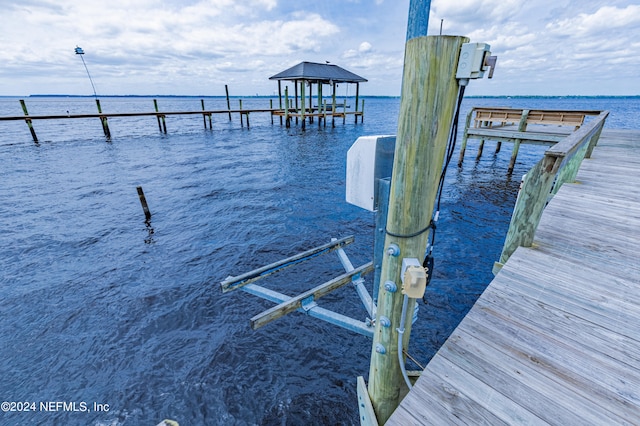 view of dock with a water view