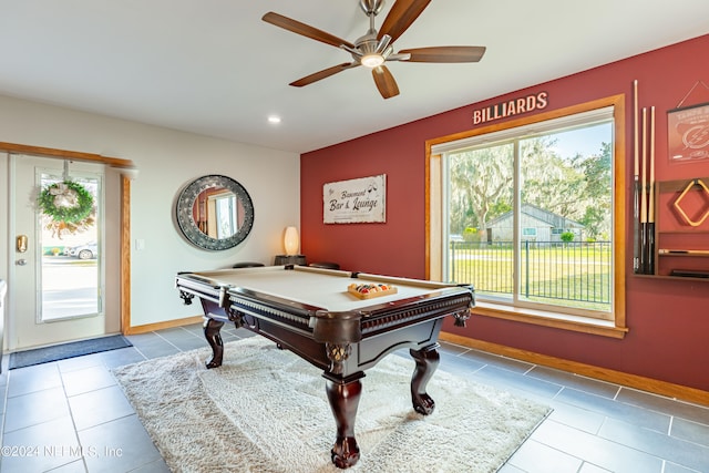 game room with tile floors, ceiling fan, and billiards