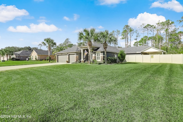 view of front of home featuring a front yard and a garage