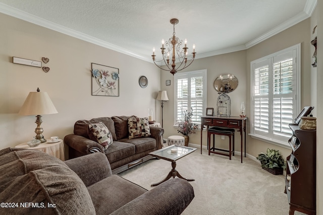 carpeted living room with an inviting chandelier, ornamental molding, and a textured ceiling