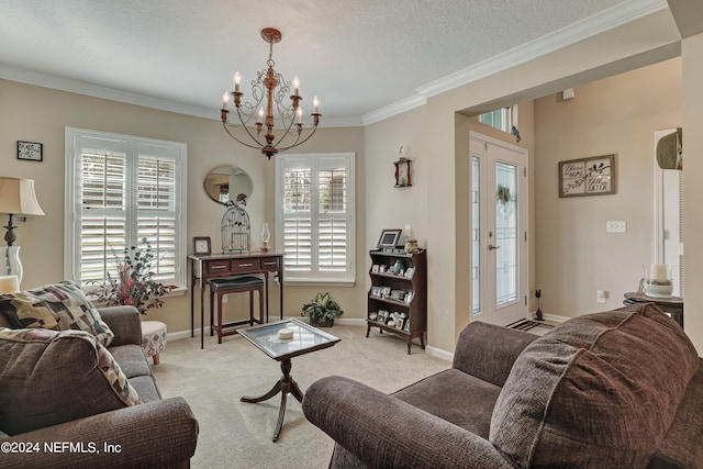 living room featuring french doors, crown molding, light carpet, a textured ceiling, and a notable chandelier