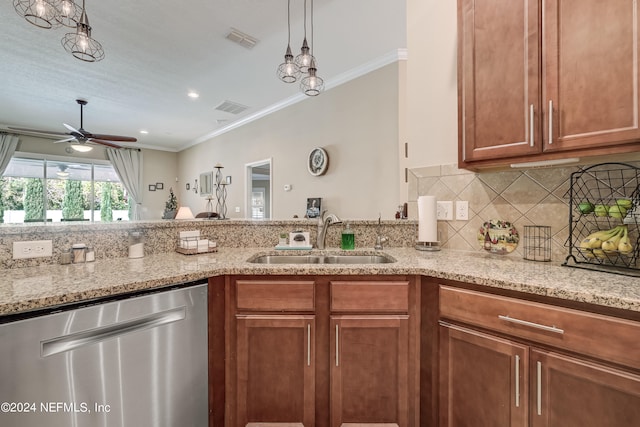 kitchen featuring hanging light fixtures, ceiling fan with notable chandelier, sink, light stone counters, and stainless steel dishwasher