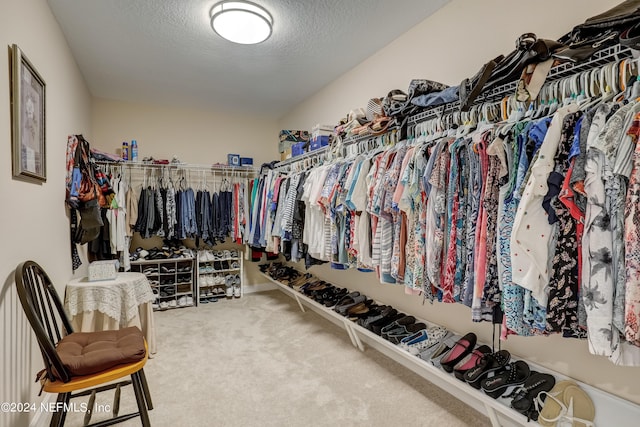 walk in closet with light carpet