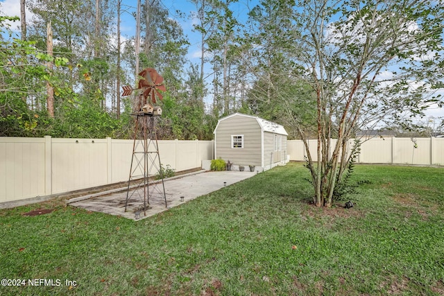 view of yard featuring a patio and a storage unit