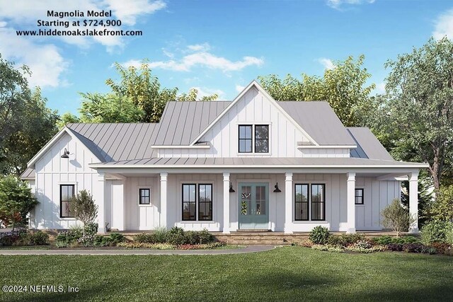 modern farmhouse style home featuring a front lawn and a porch