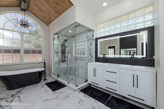 bathroom featuring tile floors, independent shower and bath, large vanity, dual sinks, and wood ceiling