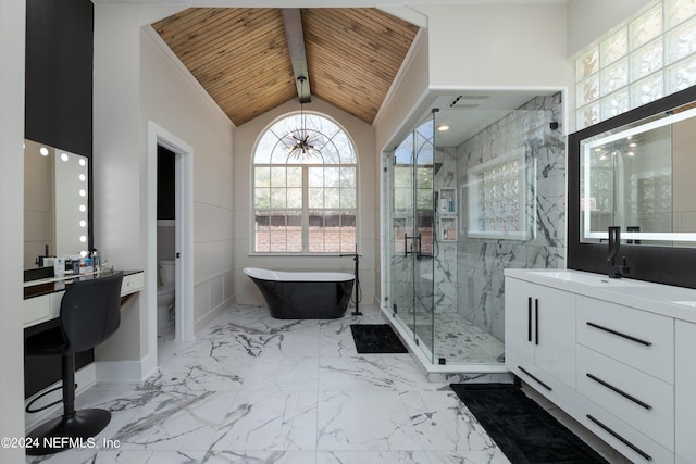 full bathroom with shower with separate bathtub, oversized vanity, beamed ceiling, wooden ceiling, and high vaulted ceiling