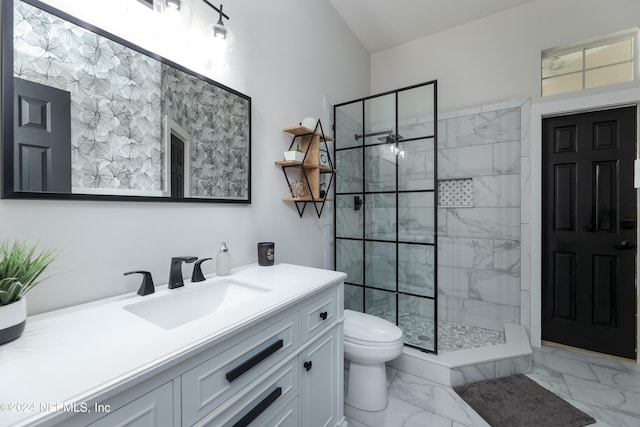 bathroom with toilet, vanity, a shower with door, and tile flooring