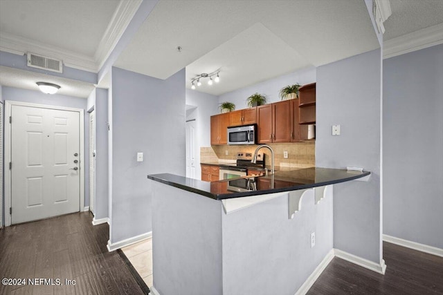 kitchen featuring tasteful backsplash, hardwood / wood-style flooring, kitchen peninsula, and appliances with stainless steel finishes