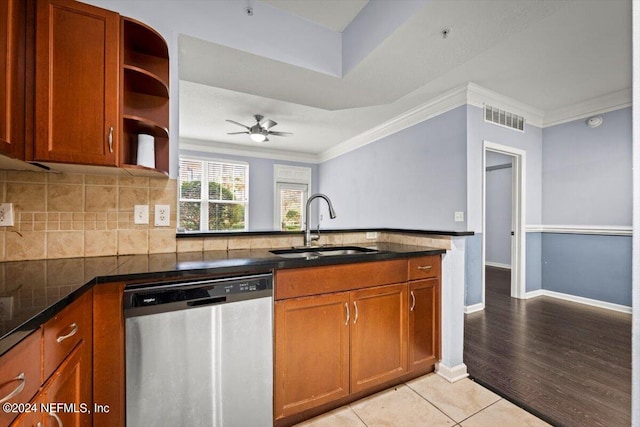 kitchen with crown molding, stainless steel dishwasher, kitchen peninsula, and sink