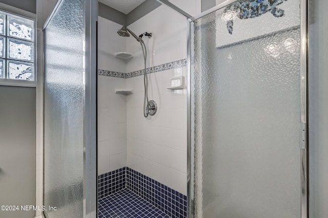 bathroom with a shower with door