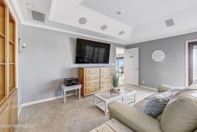 living room with a textured ceiling, ornamental molding, light colored carpet, and a tray ceiling