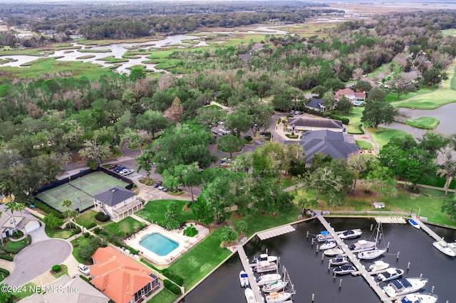 drone / aerial view featuring a water view