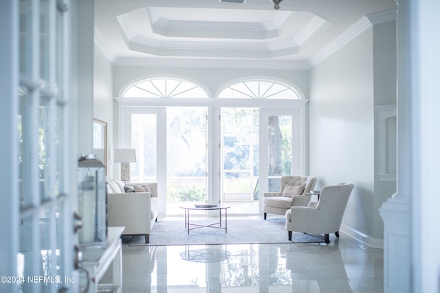 living area featuring a tray ceiling and crown molding