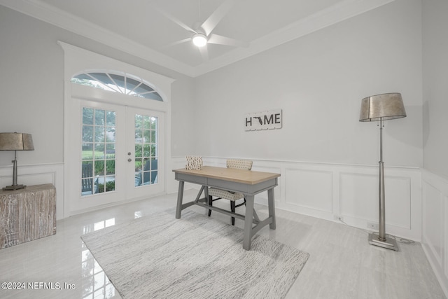 office area with ceiling fan, ornamental molding, and french doors