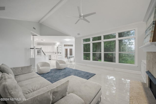 living room with a premium fireplace, beam ceiling, crown molding, high vaulted ceiling, and ceiling fan