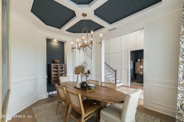 dining room with an inviting chandelier, dark wood-type flooring, and coffered ceiling