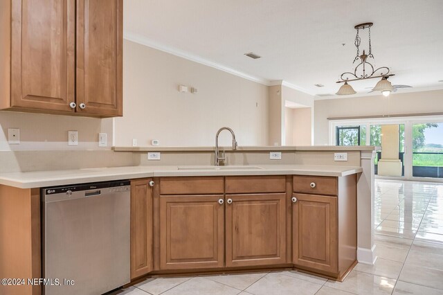 kitchen featuring light tile patterned flooring, stainless steel dishwasher, sink, and hanging light fixtures