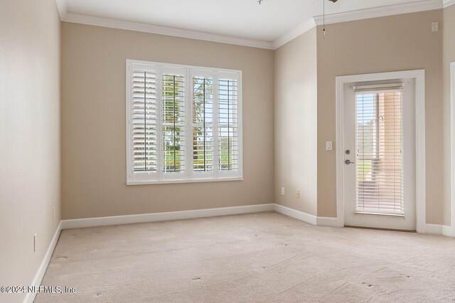 carpeted spare room with crown molding and plenty of natural light