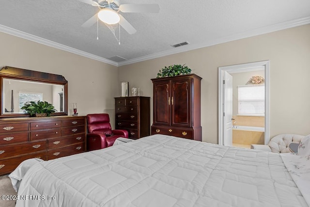 bedroom featuring connected bathroom, ornamental molding, ceiling fan, and a textured ceiling